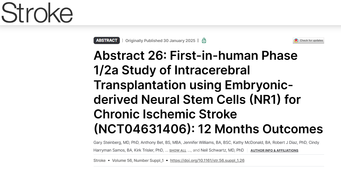 首次使用胚胎源性神經干細胞 (NR1) 進行腦內移植治療慢性缺血性中風的人體 1/2a 期研究 (NCT04631406)：12 個月結果