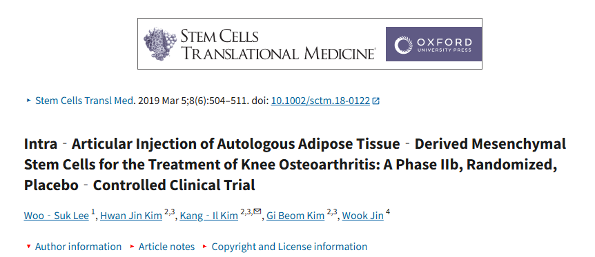 關(guān)節(jié)內(nèi)注射自體脂肪組織來(lái)源的間充質(zhì)干細(xì)胞治療膝骨關(guān)節(jié)炎：一項(xiàng)IIb期隨機(jī)安慰劑對(duì)照臨床試驗(yàn)