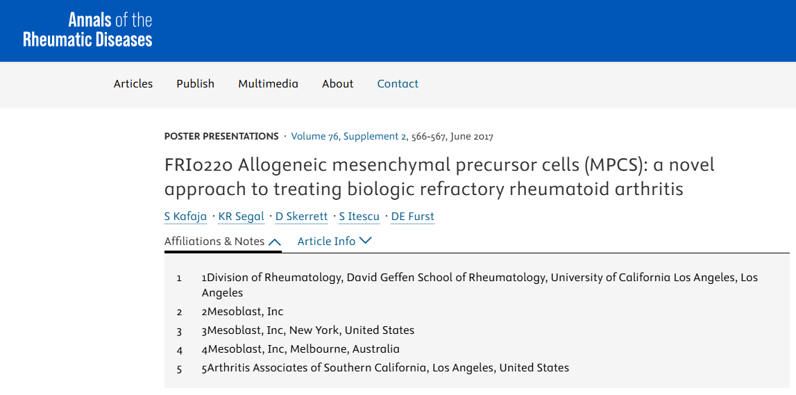 FRI0220 同種異體間充質(zhì)前體細(xì)胞（MPCS）：治療生物難治性類風(fēng)濕性關(guān)節(jié)炎的新方法
