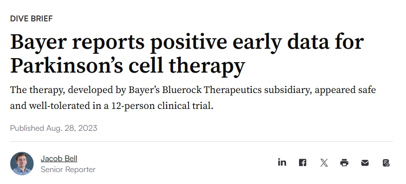 拜耳報告帕金森細胞療法的早期積極數據