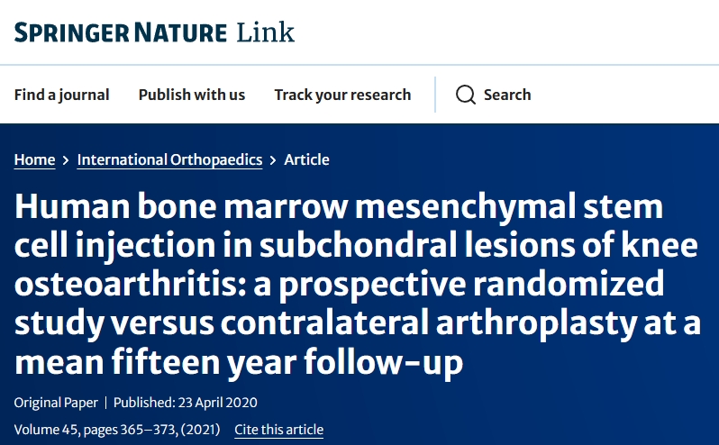 人骨髓間充質干細胞注射治療膝關節(jié)骨性關節(jié)炎軟骨下?lián)p傷：一項前瞻性隨機研究，對比平均十五年隨訪的對側關節(jié)置換術