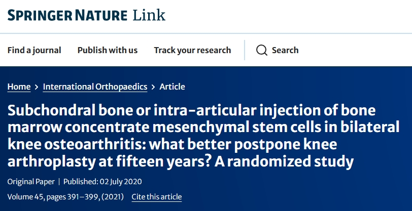 雙側膝骨關節(jié)炎：軟骨下骨或關節(jié)內注射骨髓濃縮間充質干細胞：哪種方法更有利于推遲15年后的膝關節(jié)置換術？一項隨機研究
