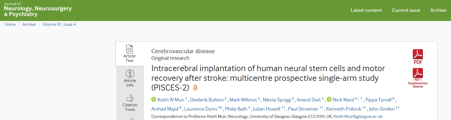 人類神經(jīng)干細(xì)胞腦內(nèi)植入與中風(fēng)后運(yùn)動(dòng)恢復(fù)：多中心前瞻性單臂研究（PISCES-2）