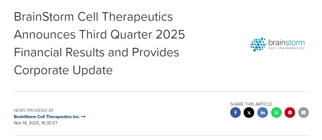 BrainStorm Cell Therapeutics 公布 2025 年第三季度財務業績并提供公司最新動態