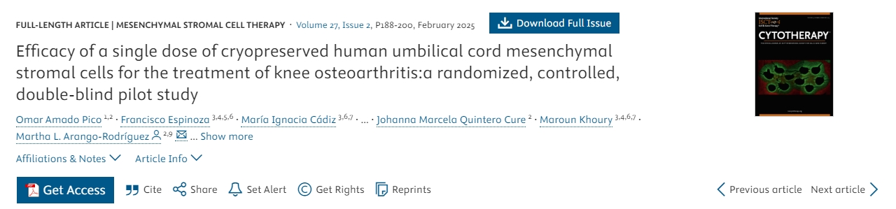 單劑量冷凍保存人臍帶間充質基質細胞治療膝骨關節(jié)炎的療效：一項隨機、對照、雙盲先導研究