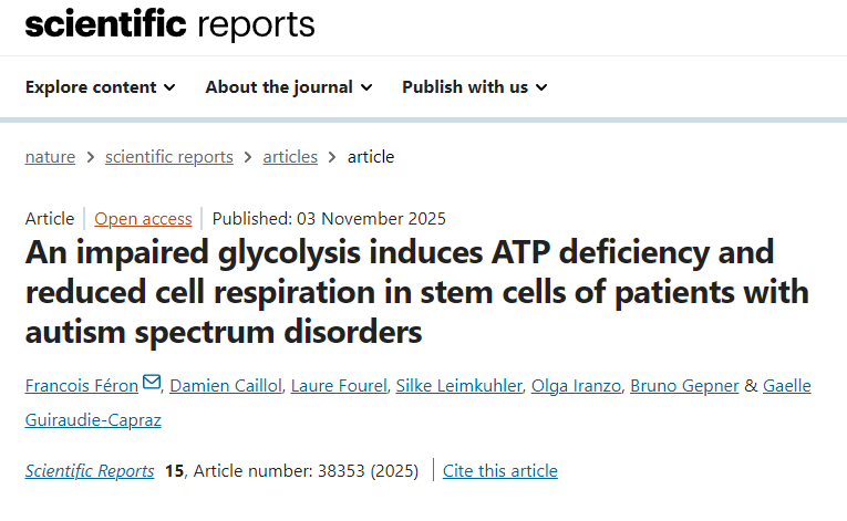 自閉癥譜系障礙患者的干細(xì)胞中，糖酵解受損會(huì)導(dǎo)致ATP缺乏和細(xì)胞呼吸作用降低