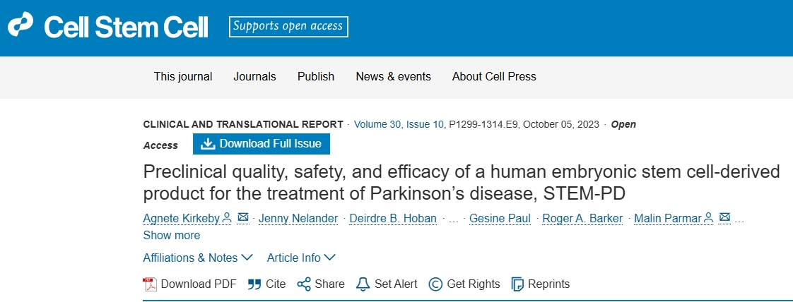 用于治療帕金森病的人類胚胎干細胞衍生產品STEM-PD的臨床前質量、安全性和有效性