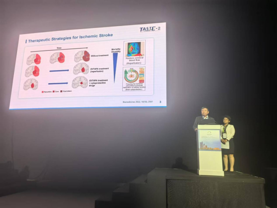 北京天壇醫(yī)院王擁軍教授與王春娟教授代表研究團隊在世界卒中大會現場介紹TASTE-2研究最新發(fā)現