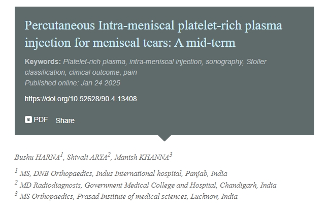 經皮半月板內注射富血小板血漿治療半月板撕裂:中期療效觀察 經皮半月板內注射富血小板血漿治療半月板撕裂:中期療效觀察
