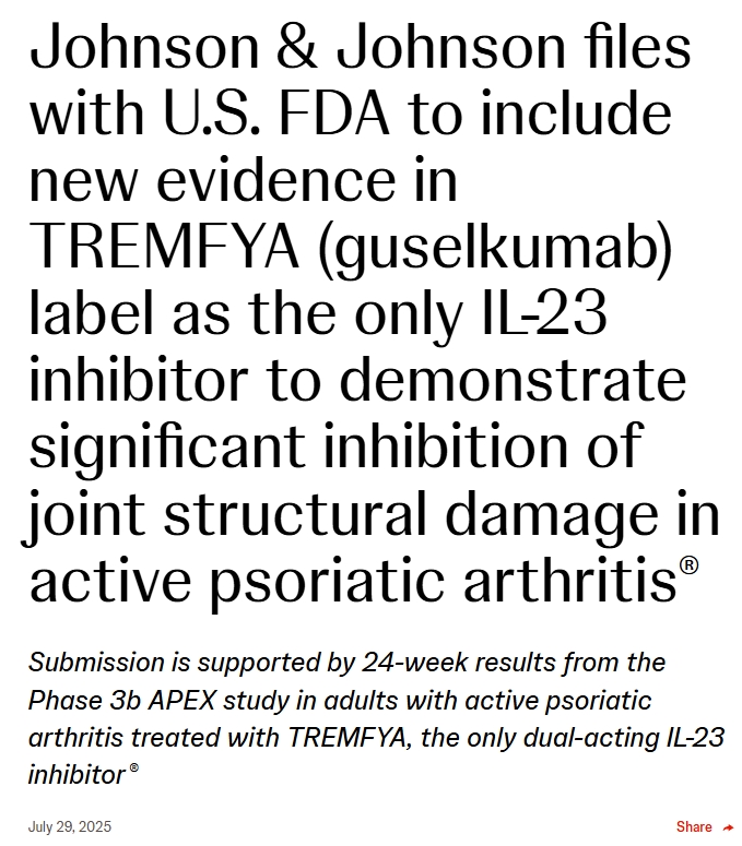 強(qiáng)生向美國(guó)FDA提交文件，將新證據(jù)納入TREMFYA (guelkumab)標(biāo)簽，作為唯一的兒-23抑制劑，以證明對(duì)活動(dòng)性銀屑病關(guān)節(jié)炎關(guān)節(jié)結(jié)構(gòu)損傷有顯著抑制作用。