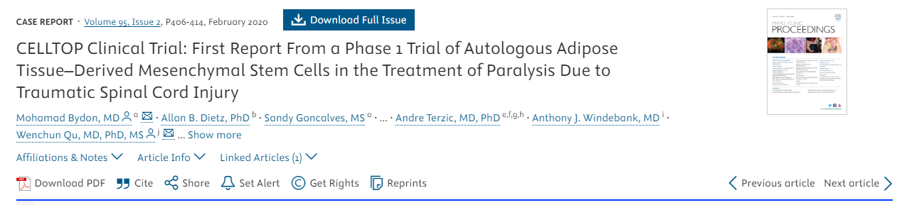 CELLTOP臨床試驗(yàn)：自體脂肪組織來(lái)源的間充質(zhì)干細(xì)胞治療創(chuàng)傷性脊髓損傷所致癱瘓的1期臨床試驗(yàn)首份報(bào)告
