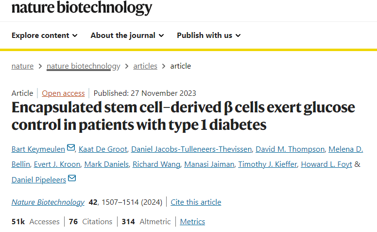 封裝的干細(xì)胞衍生β細(xì)胞在1型糖尿病患者中發(fā)揮血糖控制作用