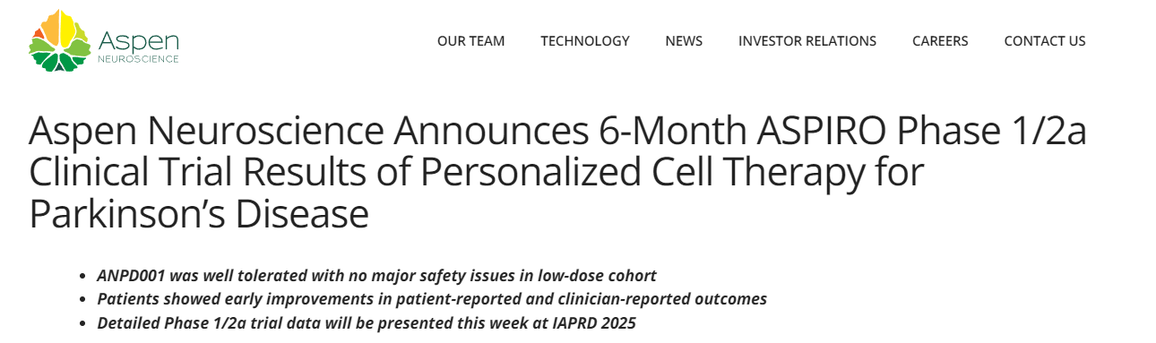 Aspen Neuroscience公布了針對(duì)帕金森病個(gè)性化細(xì)胞療法的ASPIRO 1/2a期臨床試驗(yàn)6個(gè)月結(jié)果