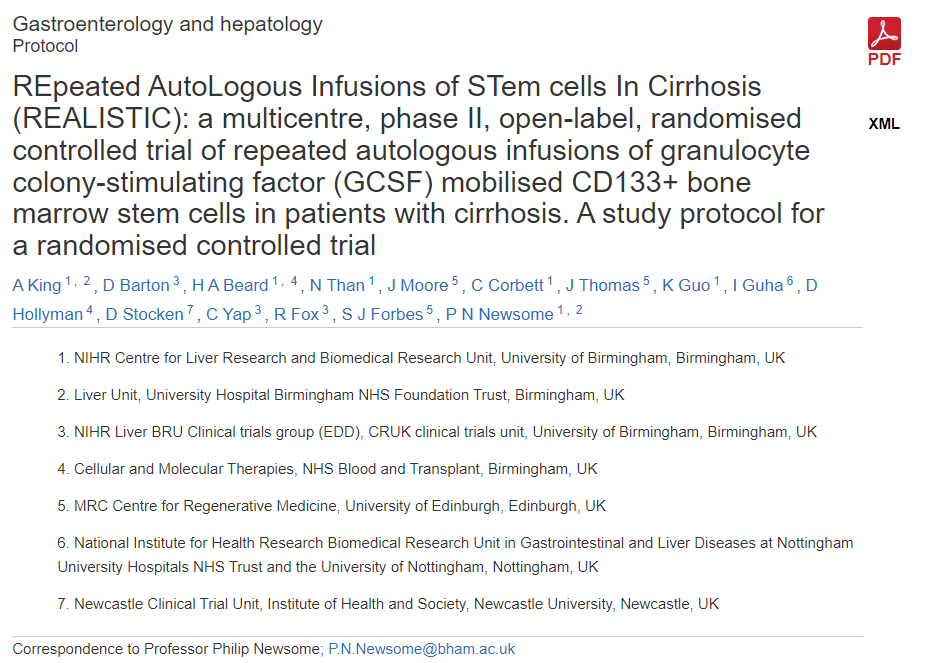 REALISTIC（重復(fù)自體干細(xì)胞輸注治療肝硬化）：一項(xiàng)多中心、II期、開放標(biāo)簽、隨機(jī)對(duì)照試驗(yàn)