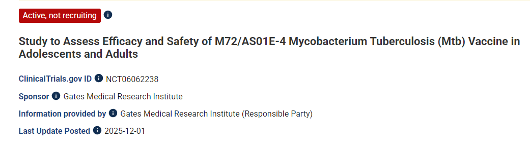 評估M72/AS01E-4結核分枝桿菌（Mtb）疫苗在青少年和成人中的有效性和安全性的研究