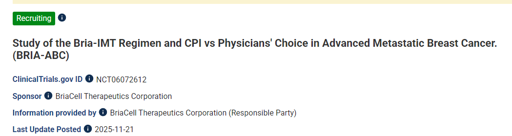 晚期轉移性乳腺癌患者接受 Bria-IMT 方案和 CPI 治療與醫生選擇方案的比較研究 (BRIA-ABC)