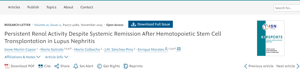 狼瘡性腎炎患者接受造血干細胞移植后，盡管全身癥狀緩解，但腎臟活動仍持續存在